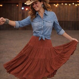 VTG Double D Ranch Wear Maxi Skirt Women L Maroon Western Pleated Broom